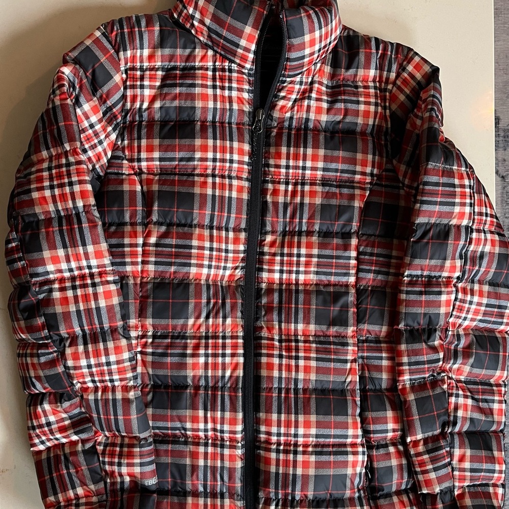 Eddie Bauer Red and Black Plaid Puffer Jacket